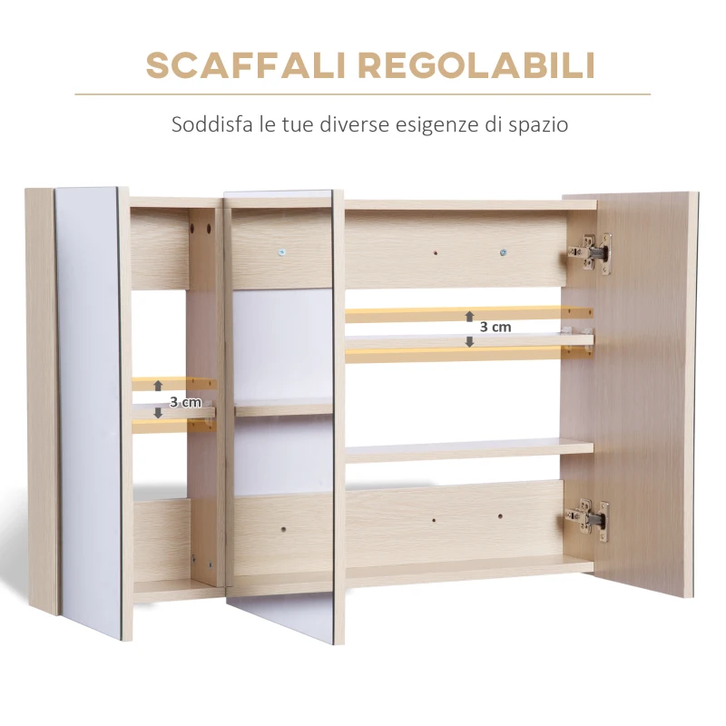 kleankin Specchio Bagno Contenitore con 3 Ante a Specchio Soft Close, Specchiera Bagno con Ripiani Regolabili in Legno e Vetro, 90x13.5x60 cm, Color Legno