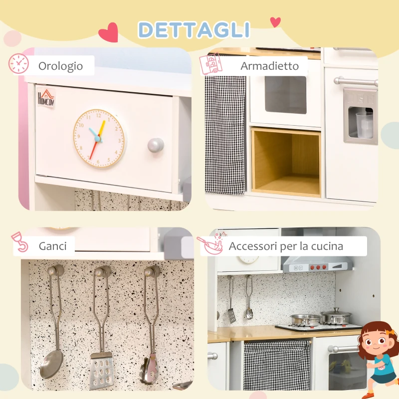 HOMCOM Cucina Giocattolo 2 Pezzi per Bambini 3-6 Anni con Utensili da Cucina, Luci ed Effetti Sonori, in MDF e PP(m-6)