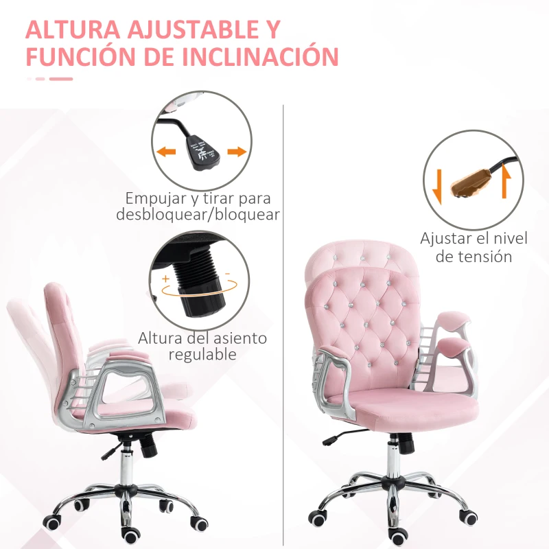 Vinsetto Silla de Escritorio de Terciopelo con Altura Ajustable Reposabrazos y Decoraciones de Diamantes 59,5x60,5x93-103 cm Rosa