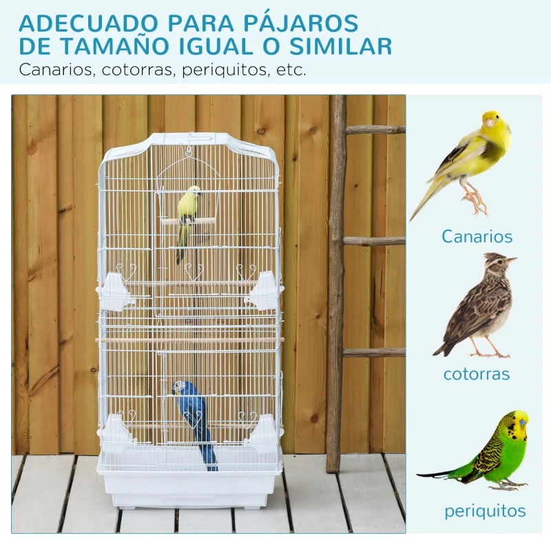 PawHut Jaula para Pájaros Pajarera de Metal con 4 Comederos 3 Perchas Columpio y Bandeja Extraíble 46,5x35,5x92 cm Blanco