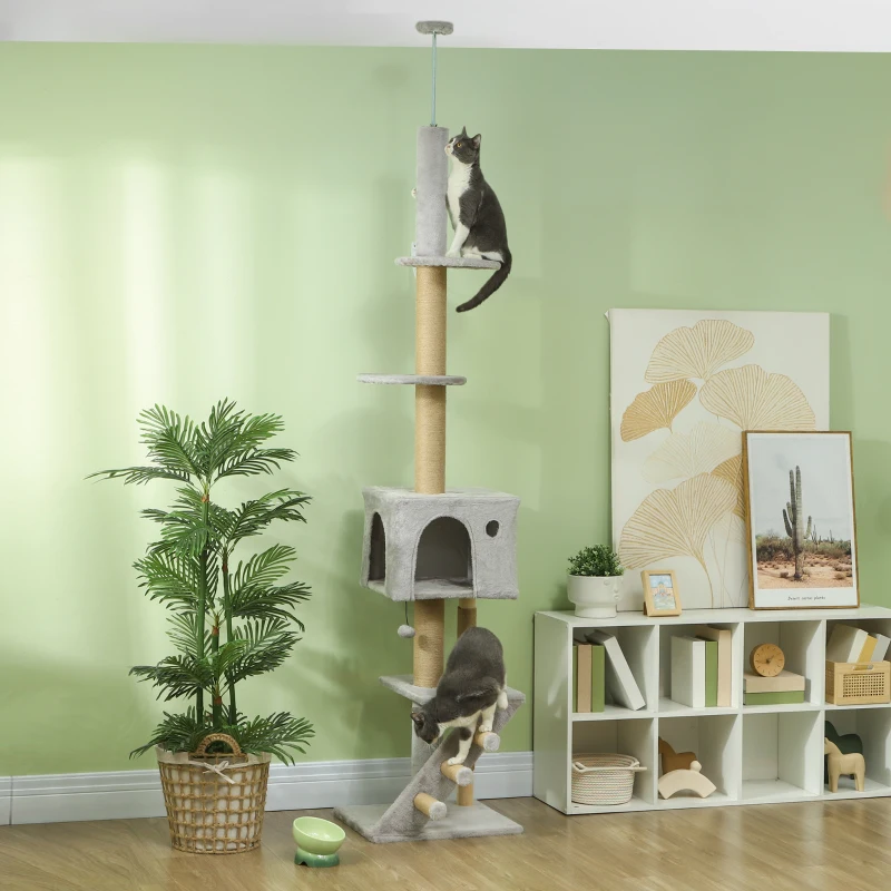 PawHut Árbol para Gatos de Suelo a Techo de 225-255 cm con Altura Ajustable Múltiples Plataformas Escalera Bola Colgante Gris