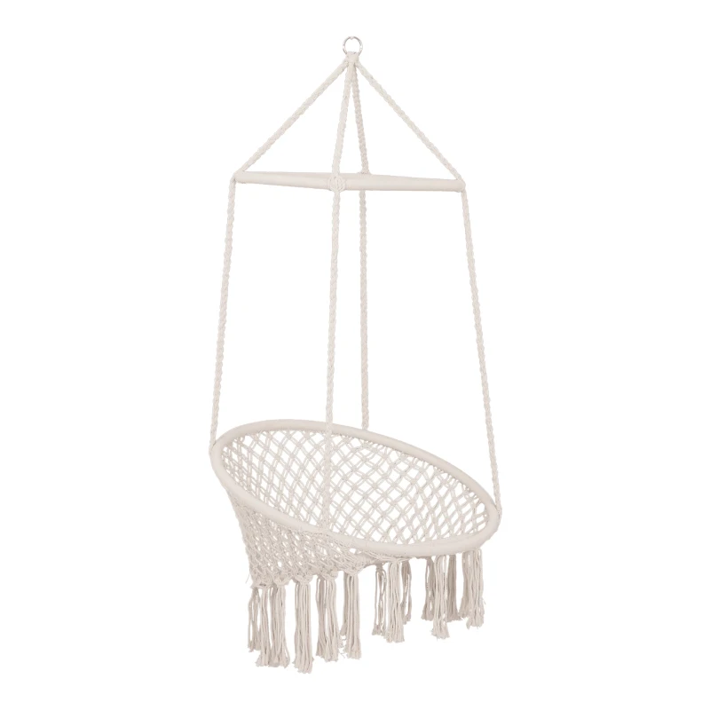 Outsunny Hammock Macrame Hanging Rope Chair Hanging Seat Rope Tassels Solid Knitted Woven Net Seat Portable Garden Chair for Patio, Porch, Tree, Beige