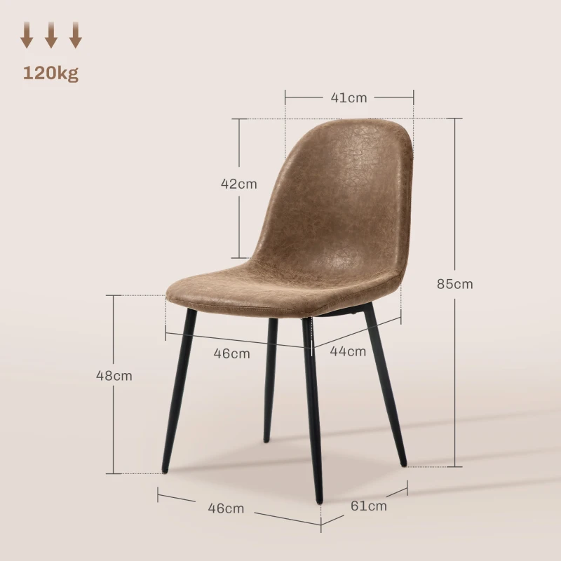 HOMCOM Set 4 Sedie da Pranzo Stile Vintage in Finta Pelle PU con Seduta Ampia e Gambe in Acciaio, Marrone