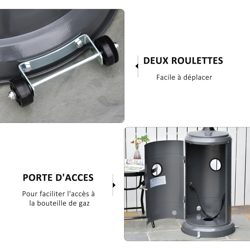 Outsunny Parasol Chauffant Commercial 12,5 KW - Chauffage d'extérieur gaz 30 m² - Chauffage de terrasse - Double sécurité - Puissance réglable - roulettes - Acier INOX. Gris