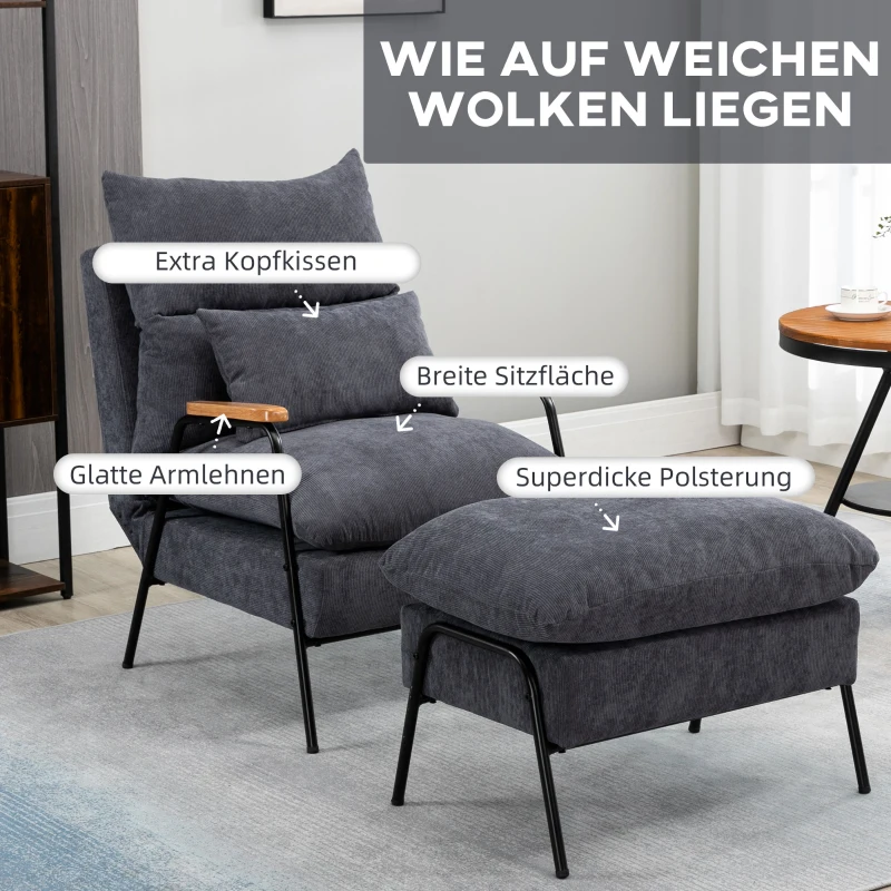 HOMCOM Sessel mit Ottomane, inkl. Kissen, 68 cm x 91,5 cm x 88 cm, Grau