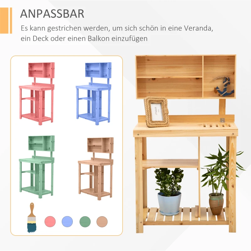 Outsunny Pflanztisch Gartenarbeitstisch für Garten Balkon und Terrasse, Gartentisch mit Ablage, Blumenregal Blumenständer aus Tannenholz, 80 x 43 x 136,5 cm, Natur