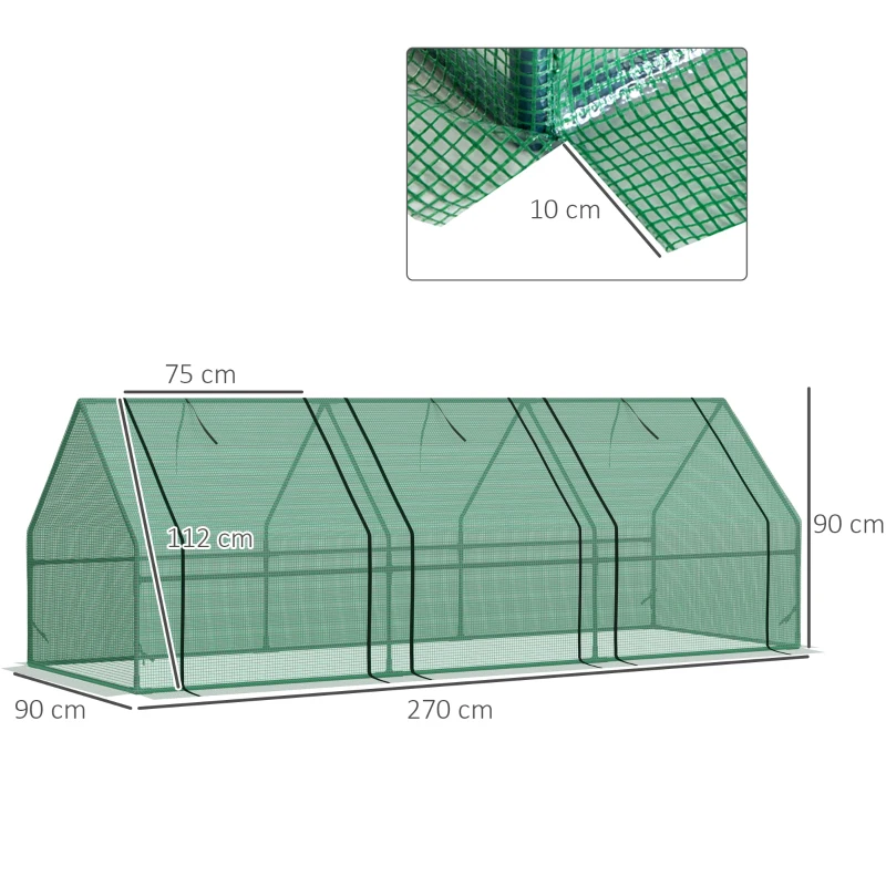 Outsunny Invernadero de Exterior Invernadero de Jardín 270x90x90 cm Tipo Caseta con 3 Ventanas Marco de Acero y Cubierta de PE 140g/㎡ para Cultivo Plantas Flores Tomates Verde