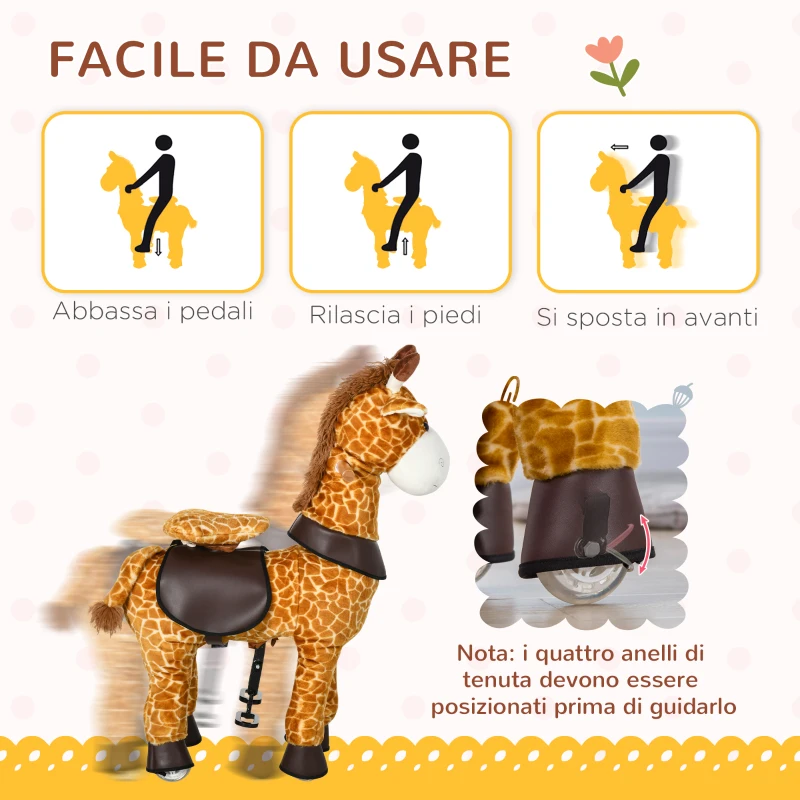 HOMCOM Cavallo a Dondolo con Ruote a Forma di Giraffa per Bambini da 3-6 Anni, 70x32x87cm, Giallo