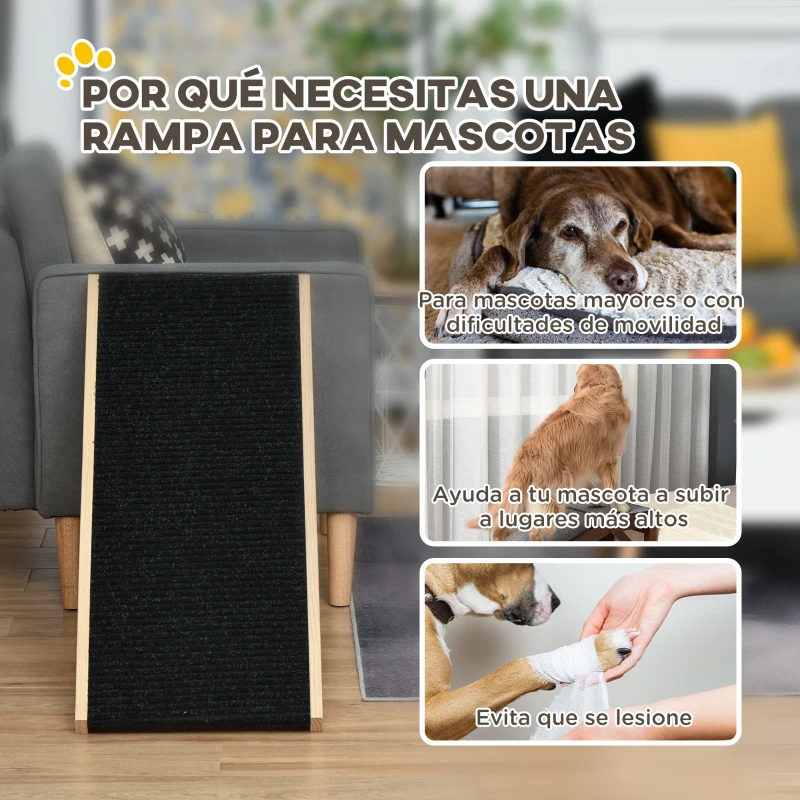 PawHut Rampa Plegable para Perros y Gatos de Madera con Altura Ajustable de 4 Niveles y Alfombra Antideslizante Escaleras de Mascotas para Coche Cama y Sofá 90x40x61 cm Natural