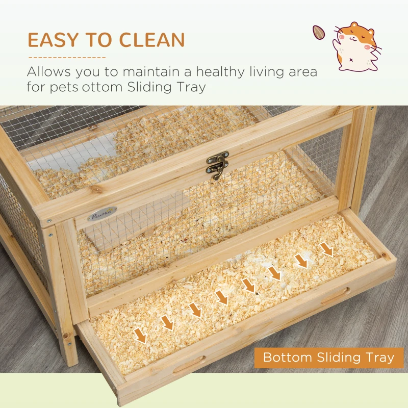 PawHut Wooden Hamster Cage with Pull-Out Tray, Two Tier Small Animal Hutch with Openable Top, Ladder, Seesaw, Running Wheel,  - Natural