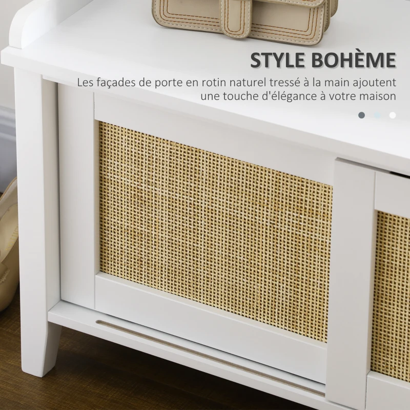 HOMCOM Lot de Banc à chaussures + Meuble à chaussures - meuble de rangement pour l'entrée - 2 portes effet cannage - blanc