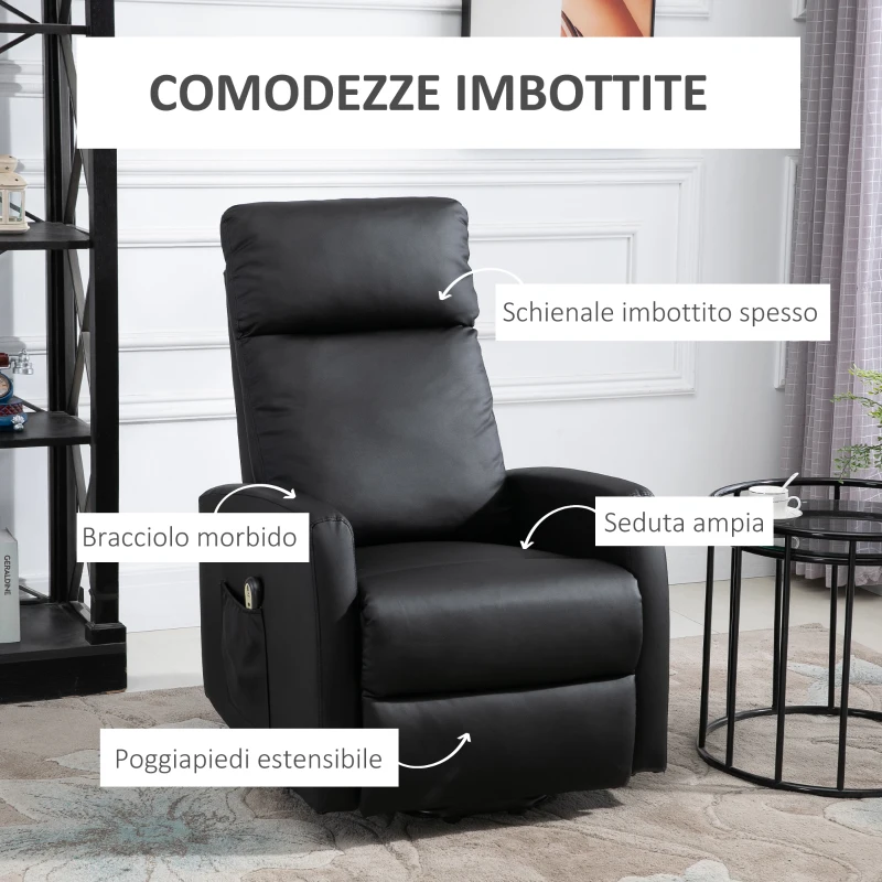 HOMCOM Poltrona Elettrica Alzapersona 45°, Poltrona Relax Elettrica Reclinabile a 145° con Telecomando e Poggiapiedi, in Pelle PU Nero, 67x95x105 cm