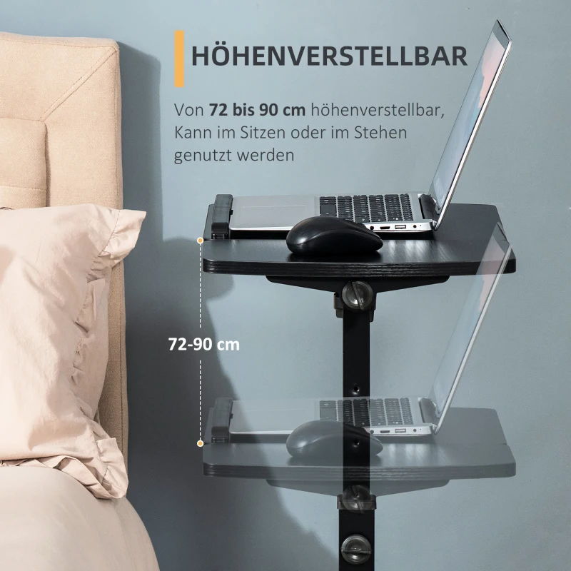 HOMCOM Mobiler Beistelltisch Laptop Ständer mit Rädern Laptoptisch Höhenverstellbar drehbarer Beistelltisch für Büro Wohnzimmer Schwarz 58 x 34 x 72-90 cm