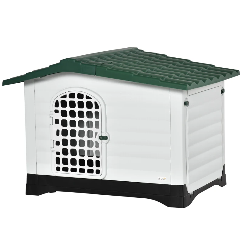PawHut Outdoor Hundehütte Hundehaus Haustierzubehör Hundezubehör Tierbedarf mit Dachluke Tor Unterschlupf für mittelgroße Hunde Luftzirkulation Kunststoff PP Grün+Schwarz+Weiß 111 x 84 x 80 cm