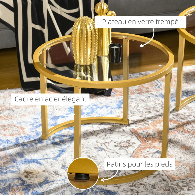HOMCOM Lot de 2 tables basses gigognes rondes plateau verre trempé et pied en acier au carbone doré