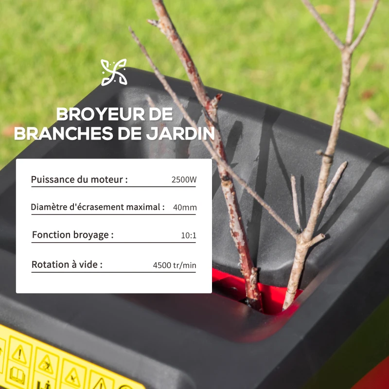 Outsunny Broyeur de végétaux - broyeur de Branches 2500 W - Sac récupération 50 L - roulettes & Poussoir - PP Rouge Noir