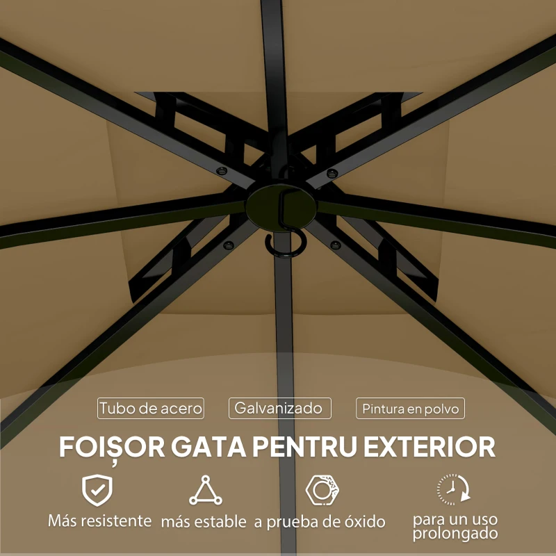 Outsunny Cenador de Jardín 3,4x3,4 m Gazebo con Protección UV Ventanas de Estilo Iglesia Cortinas y Techo Ventilado Beige