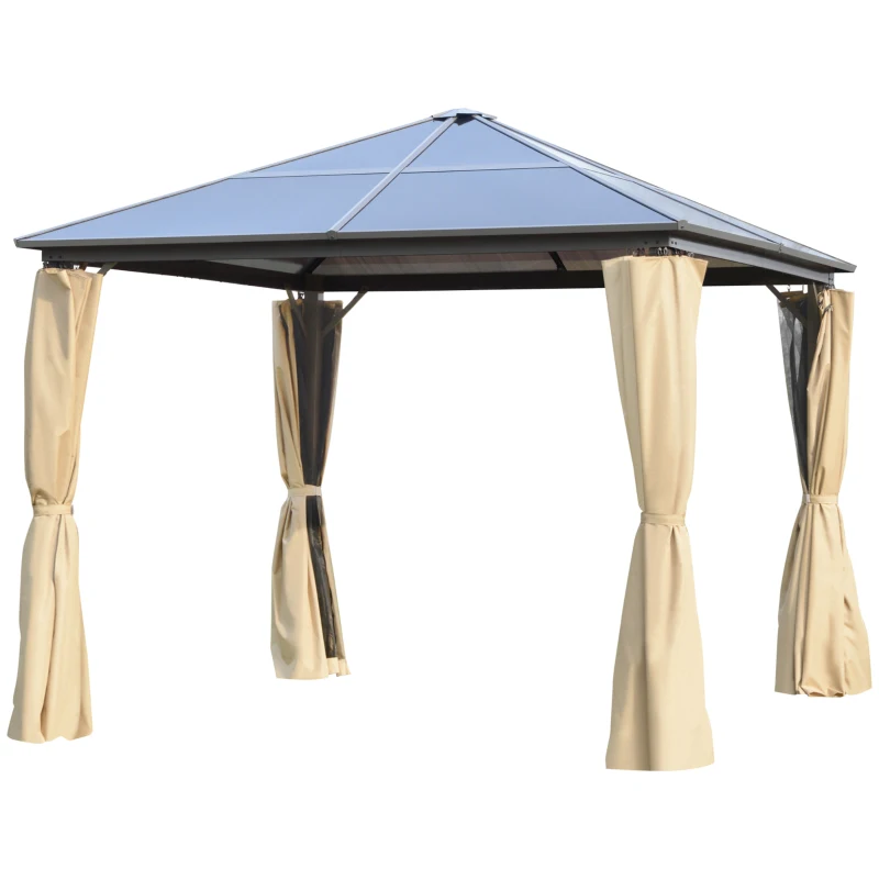 Outsunny Tonnelle pavillon de jardin avec toit rigide polycarbonate imperméable 4 parois latérales anti-UV moustiquaires 3 x 3 m marron et kaki