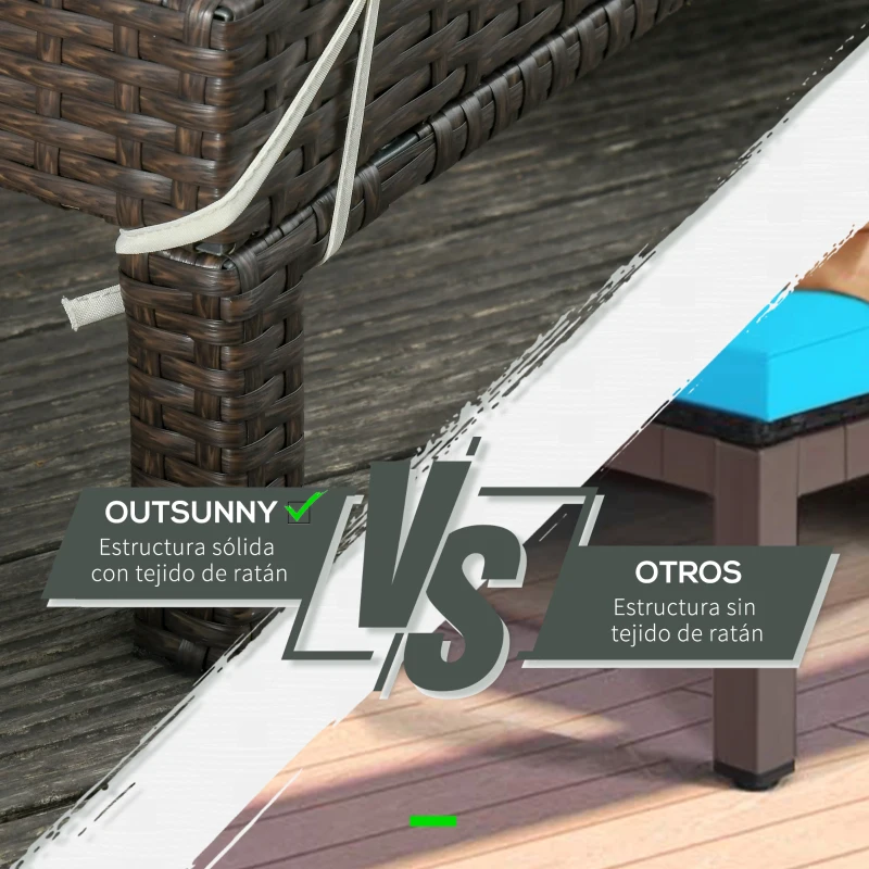 Outsunny Conjunto de Tumbona Exterior de Ratán 2 Plazas con Cojines Acolchados Resistente al Agua con Respaldo Regulable de 5 Niveles Soporta 220 kg 195x120x28 cm Marrón