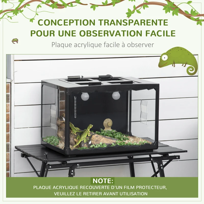 PawHut Terrarium en verre - vivarium reptiles & batraciens - habitat tortue - couvercle grillagé 2 parties amovibles - distributeur eau, thermomètre, pincette, 2 douilles inclus - ABS acrylique noir