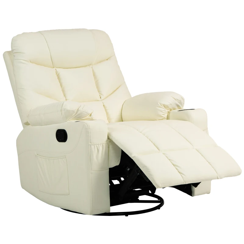 HOMCOM Manual Reclining Chair, Recliner Armchair with Swivel, Faux Leather, Footrest, Cup Holders, 86x93x102cm, Cream