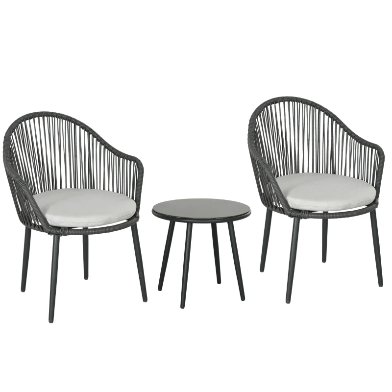 Outsunny Salotto da Giardino in Rattan con 2 Poltroncine con Cuscini e Tavolino da Caffè in Vetro, Grigio