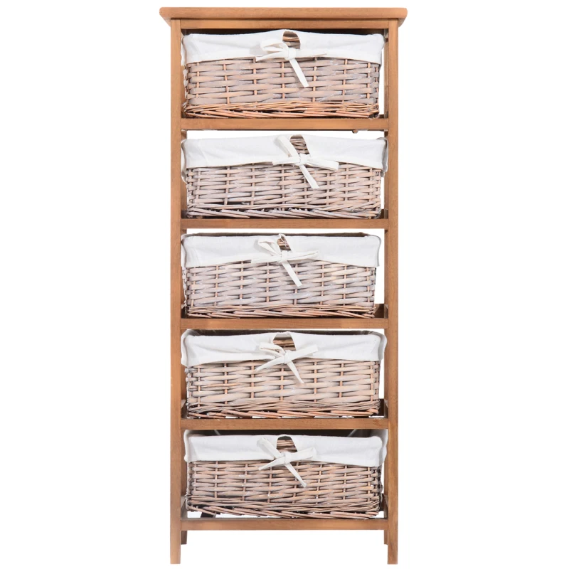 HOMCOM 5 Drawer Dresser Wicker Basket Storage Shelf Unit Wooden Frame Home Organisation Cabinet Bedroom Office Furniture Natural Finish