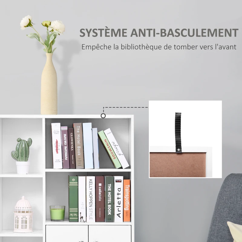 HOMCOM Bibliothèque scandinave meuble de rangement dim. 80L x 23,5l x 123H cm 5 niches placard 2 portes pieds effilés inclinés bois massif panneaux particules blanc