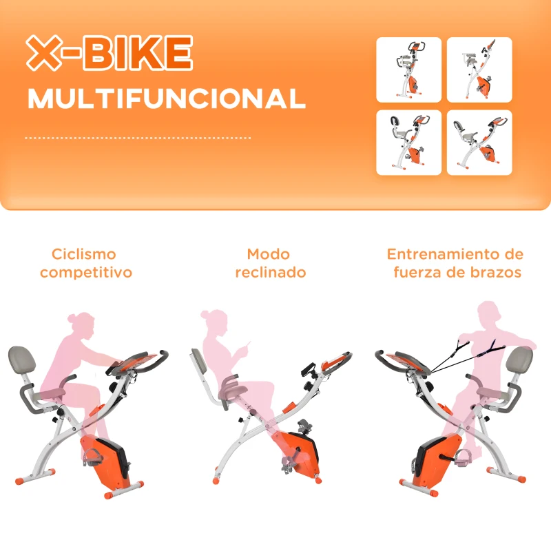 HOMCOM Bicicleta Estática Plegable Regulable en Altura Resistencia Magnética Ajustable Bici Estática con Pantalla LCD Asiento con Respaldo Sensor de Pulso Carga 120 kg para Casa 105x48x118 cm Naranja