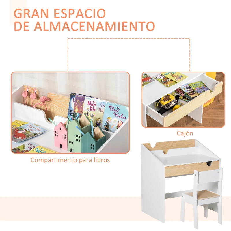 HOMCOM Escritorio para Niños con Silla de 3 a 6 Años con Cajón y Estante para Libros 70x50x75 cm Blanco y Natural