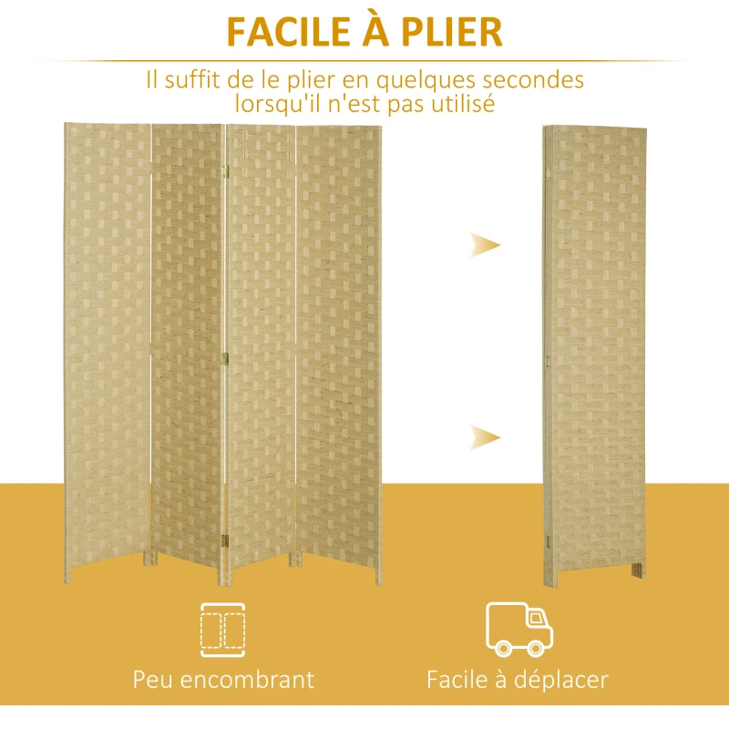 HOMCOM Paravent intérieur en bois 4 panneaux séparateur de pièce cloison, dim. 159,5L x 169,5H x 1,6P cm