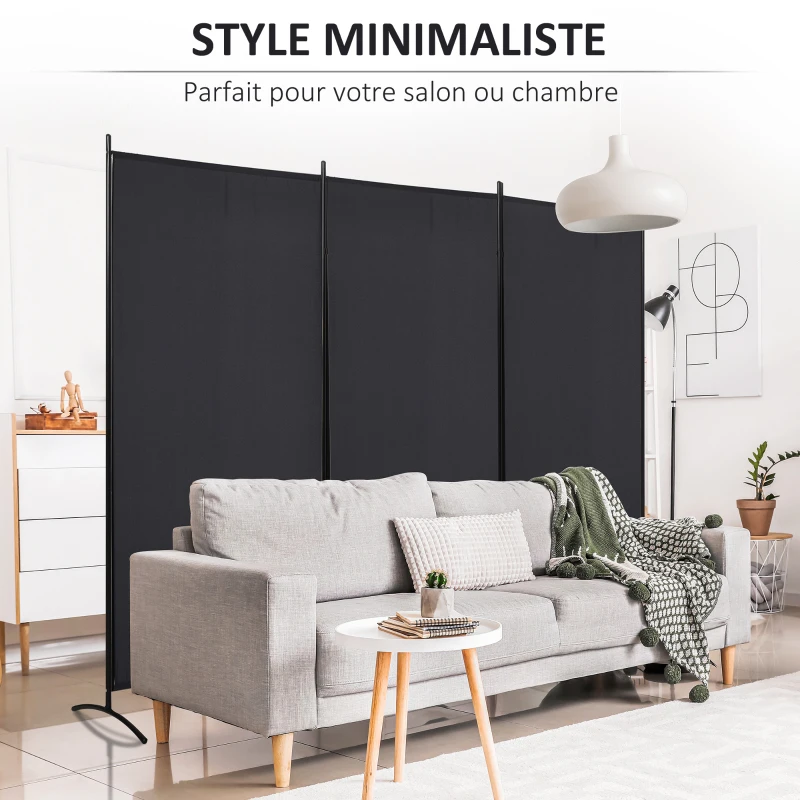 HOMCOM Lot de 2 paravents 3 panneaux dim. 2,53L x 0,5l x 1,82H m Brise-Vue paravent sur Pied séparateur métal Polyester Noir