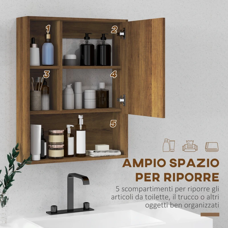 kleankin Armadietto Bagno con Specchio, Ripiani e Scaffale Regolabile, Montaggio a Parete, 60x15x76cm, Noce