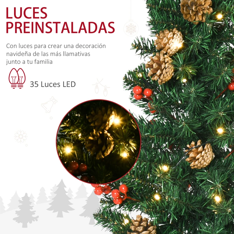 HOMCOM Decoración de Navidad 4 Piezas Adornos Navideños con 2 Árboles Corona y Guirnalda con Luces LED 40x40x90 cm Verde