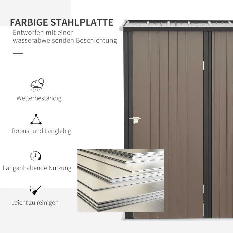 Outsunny Gerätehaus 1,34 m² Geräteschrank mit Pultdach abschließbar Gartenhaus Geräteschuppen aus verzinkter Stahl 161,5 x 94,5 x 196 cm Braun