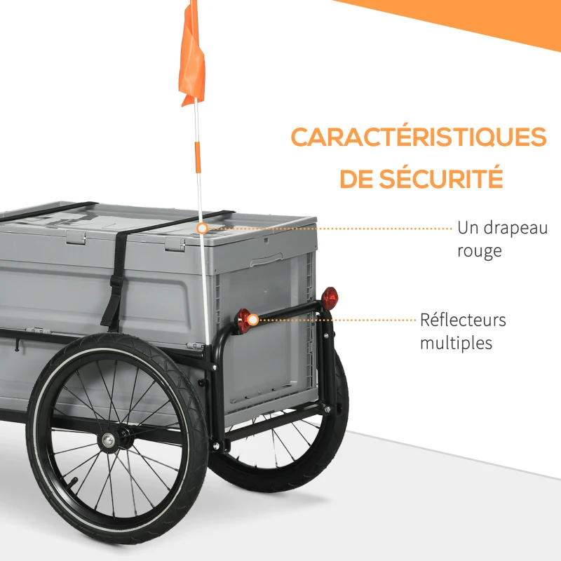 HOMCOM Remorque à vélo avec coffre de rangement amovible et pliable de 65L, charge maximale de 40KG
