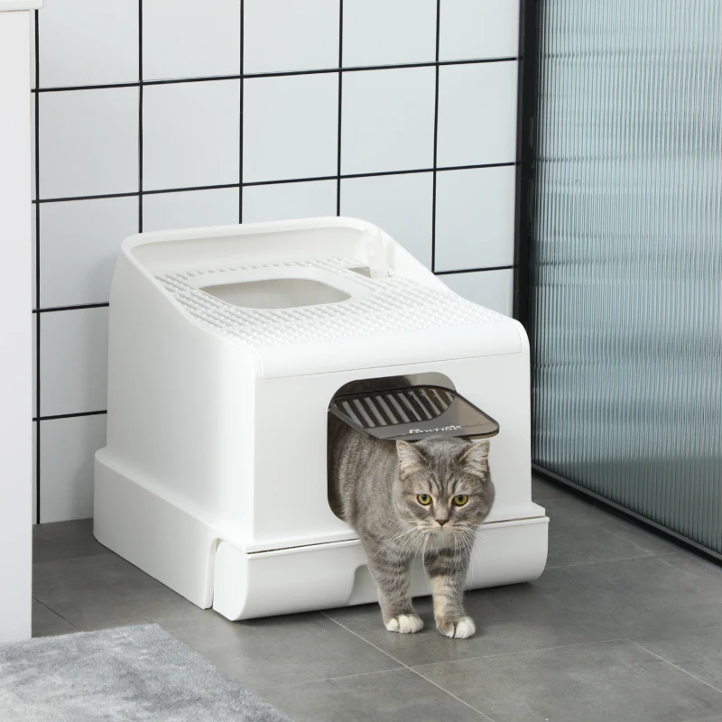 PawHut Katzentoilette mit Abdeckung inkl. Schaufel, Einstieg vorne und oben, Weiß + Grau