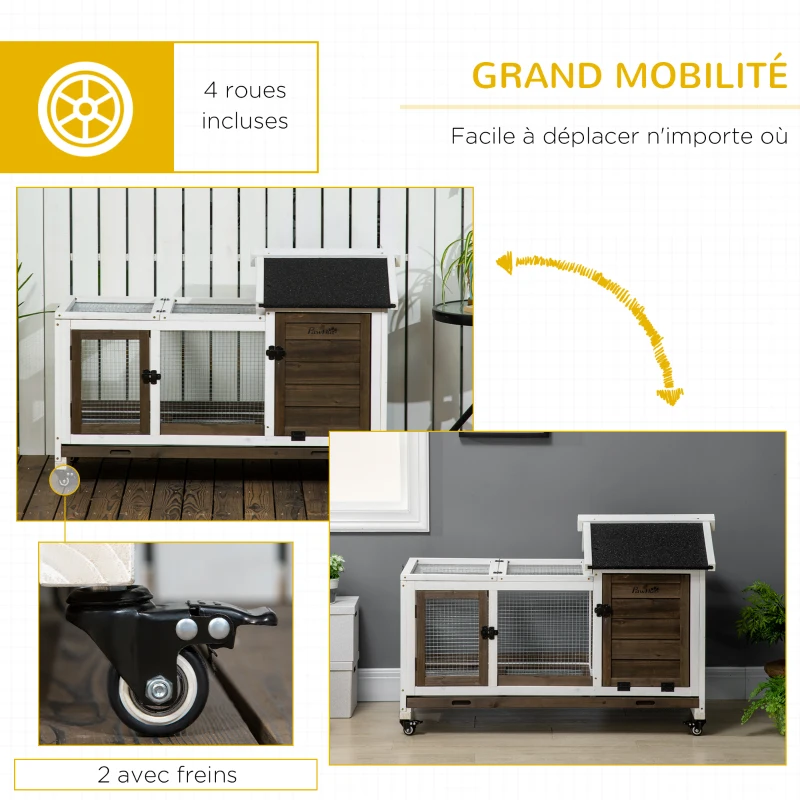 PawHut Clapier cage à lapins rongeurs sur roulettes 2 portes verrouillables - dim. 108L x 58l x 73,5H cm - bois