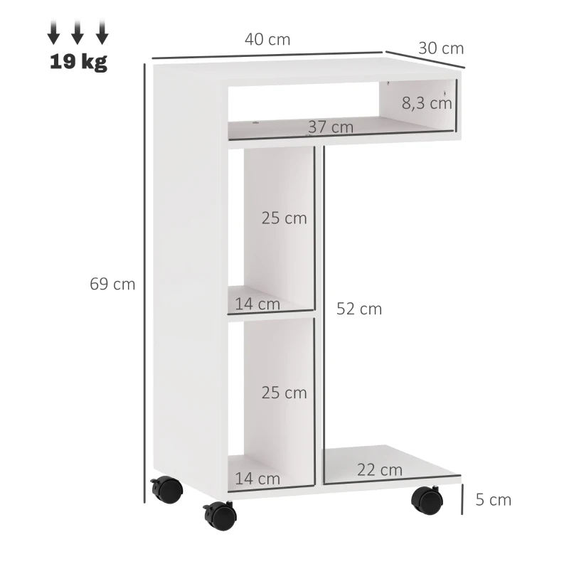 HOMCOM Beistelltisch, C-förmiger Servierwagen, 4 Rollen, 3 Fächer, 40 x 30 x 69 cm, Weiß