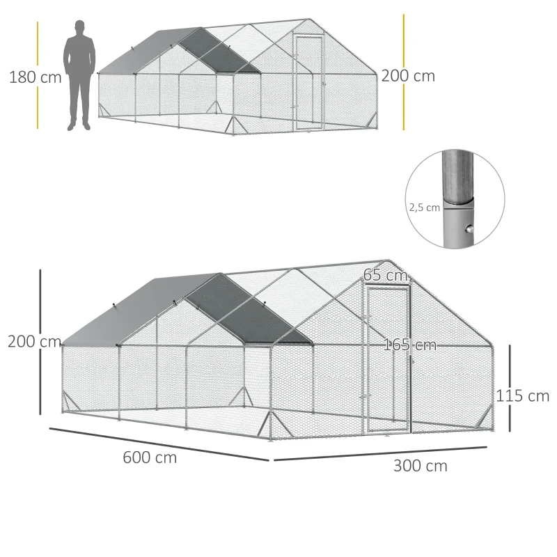 PawHut Enclos poulailler chenil volière extérieur 18 m² - Parc grillagé dim. 3L x 6l x 2H m - Espace Couvert - Acier galvanisé
