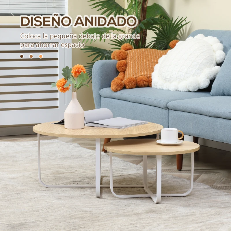 HOMCOM Juego de 2 Mesas de Centro Ø65x32 cm y Ø45x26 cm con Encimera de Madera y Patas de Metal Natural y Blanco