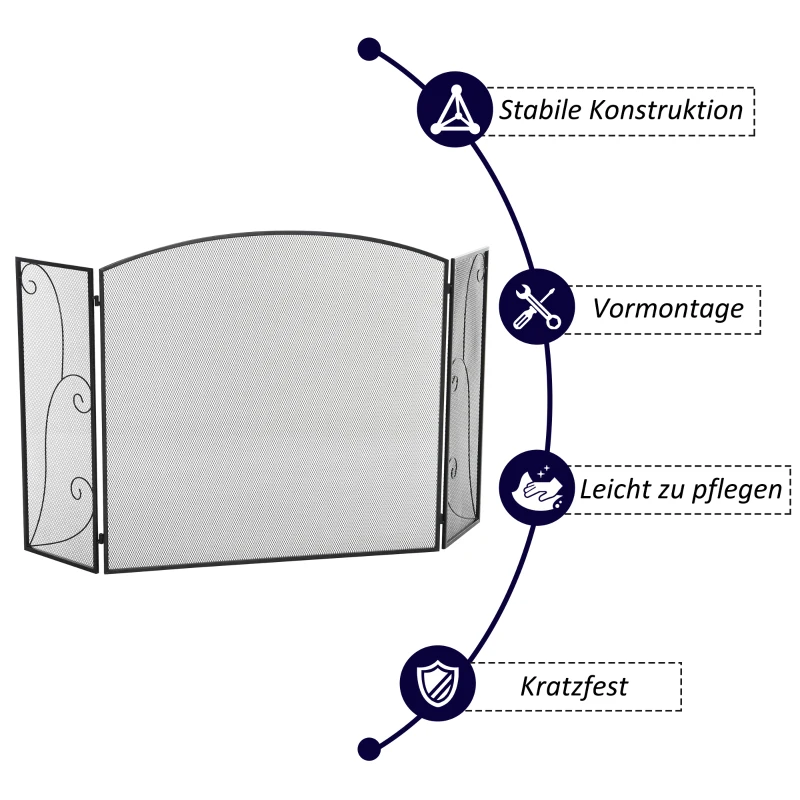 HOMCOM Funkenschutz für Kamine, 3 Paneele, klappbar, flexibel, Metall, schwarz, 132,5 x 76,5cm