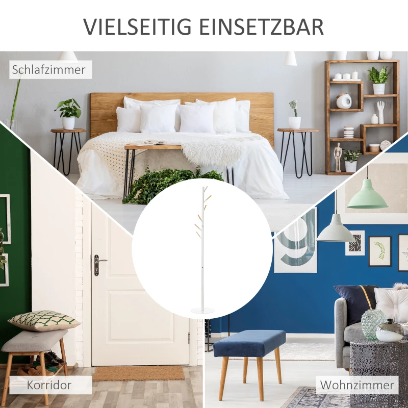 HOMCOM Garderobenständer mit 6 Haken Standgarderobe mit Metallfuß Kleiderständer Flurgarderobe Metall Weiß 35 x 35 x 174 cm