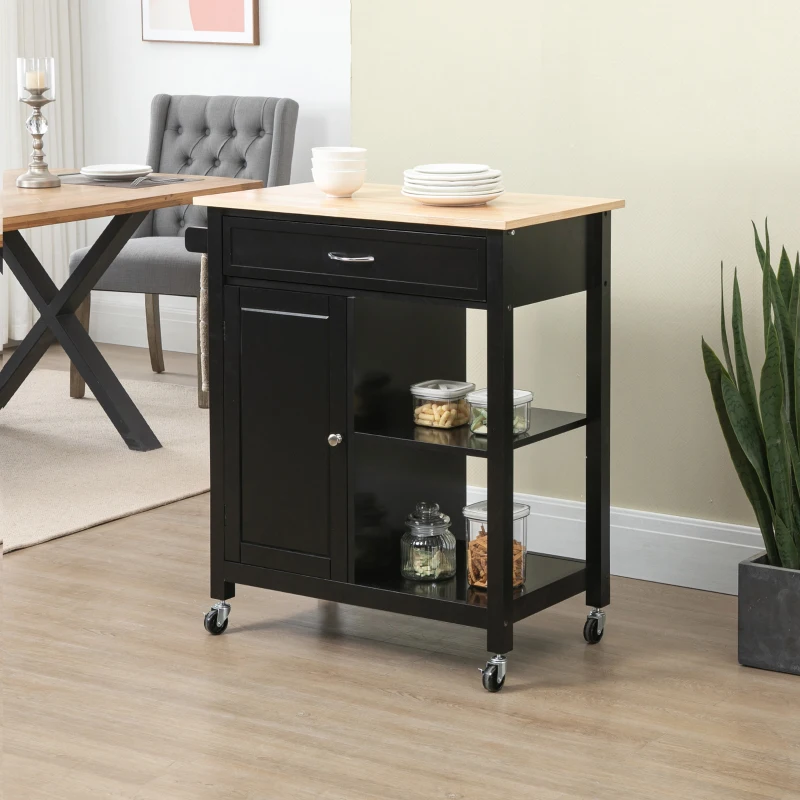 HOMCOM Carrello Cucina in Legno con Cassetto, Armadietto e 2 Ripiani Aperti, 2 Ruote con Freno, 83x45x88 cm, Nero