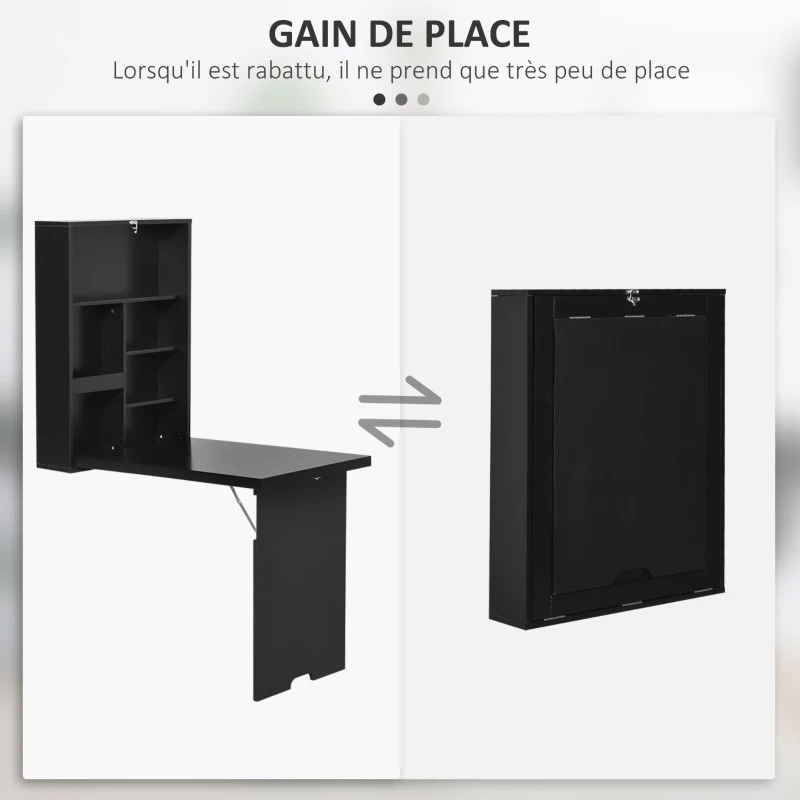 HOMCOM Bureau Mural Pliable Table Murale Rabattable Suspendue sur Pied étagère + Tableau à Craie intégré MDF Noir