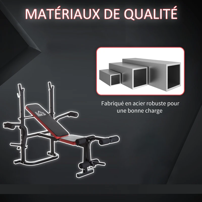 HOMCOM Banc de musculation Fitness entrainement complet avec support d'haltères dossier réglable acier revêtement synthétique 128 x 155 x 112 cm noir et rouge