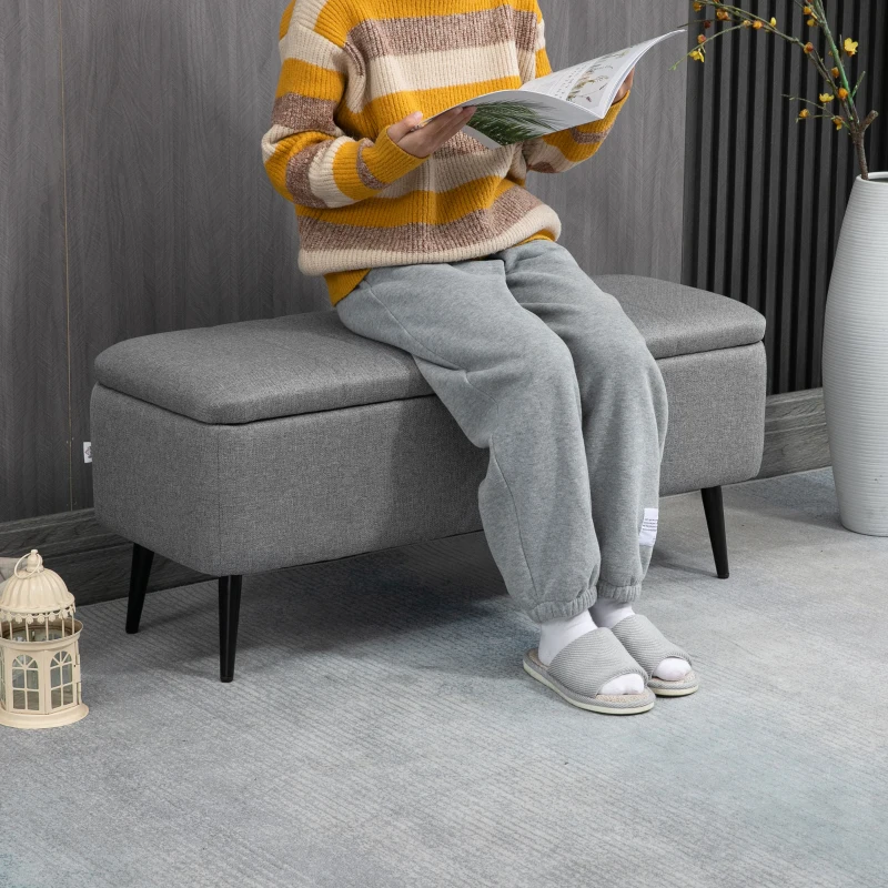HOMCOM Storage Ottoman with Flip Top, Rectangular Upholstered Bench, Linen Look Fabric Footstool with Steel Legs for Living Room, Bedroom, Grey