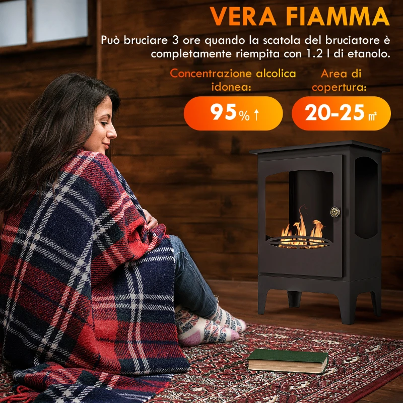 HOMCOM Camino a Bioetanolo in Acciaio Inox con Bruciatore da 1.2L per 3 Ore di Durata, 36x26x54cm, Nero