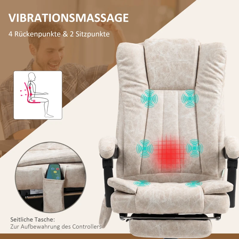 Vinsetto Bürostuhl mit Massagefunktion, Ergonomischer Schreibtischstuhl mit Liegefunktion, Heizfunktion, Seitentasche, Cremeweiß(m-6)