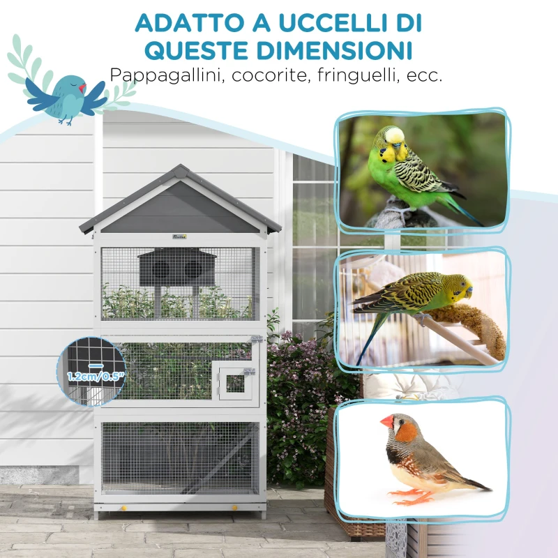 PawHut Voliera per Uccellini a 3 Porte con Casetta e Vassoio, in Legno e Metallo, 92x52x171 cm, Grigia e Nera